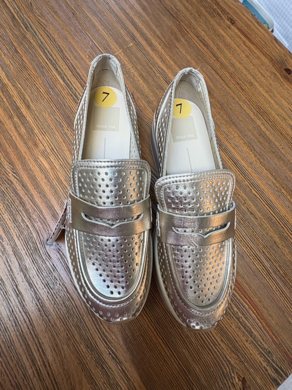 Dolce Vita Champagne Metallic Perforated Platform Loafers - Picture 4 of 13